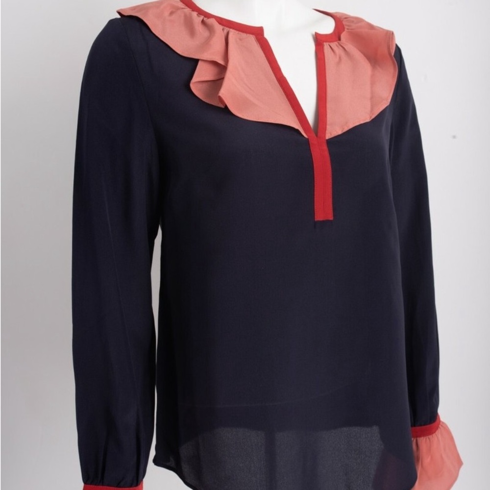 Boden Constance Silk Blouse Top Ruffled - Navy Blue and Pink and Red